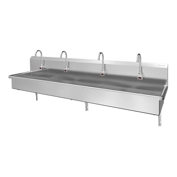 A stainless steel, wall-mounted, four-person sensor-activated hands-free sink.