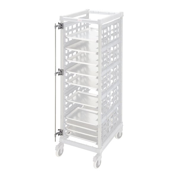A metal pan stop accessory designed for use with Cambro Camshelving pan racks.