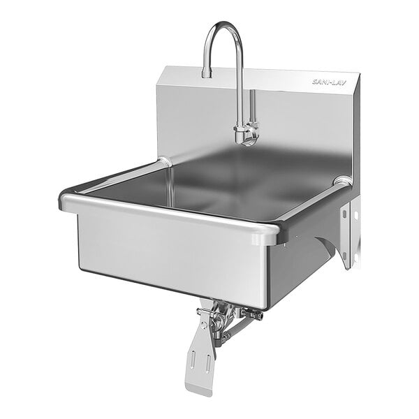 A stainless steel wall-mounted hands-free sink with a knee-operated faucet.