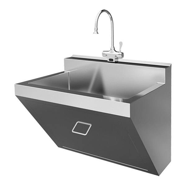 A stainless steel wall-mounted surgeon scrub sink with an AC-powered sensor faucet.
