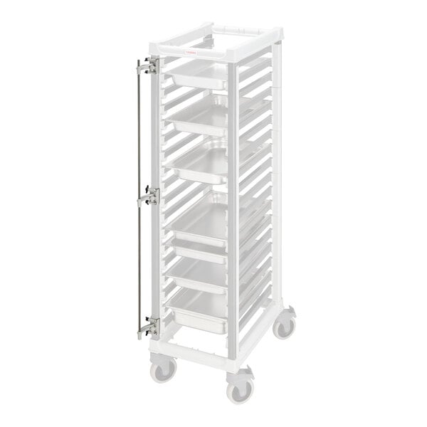 A metal pan stop accessory designed for Cambro Camshelving pan racks.