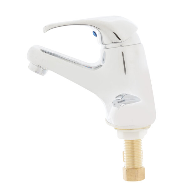 A white and chrome T&S single lever faucet with a blue face.