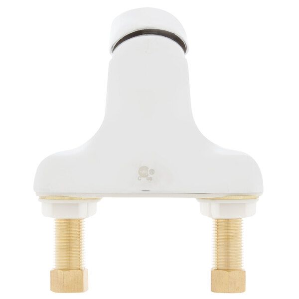 A white T&S single lever faucet with black and gold accents.