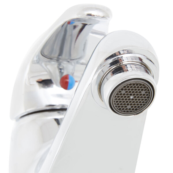 A T&S chrome single lever faucet with a water spout.