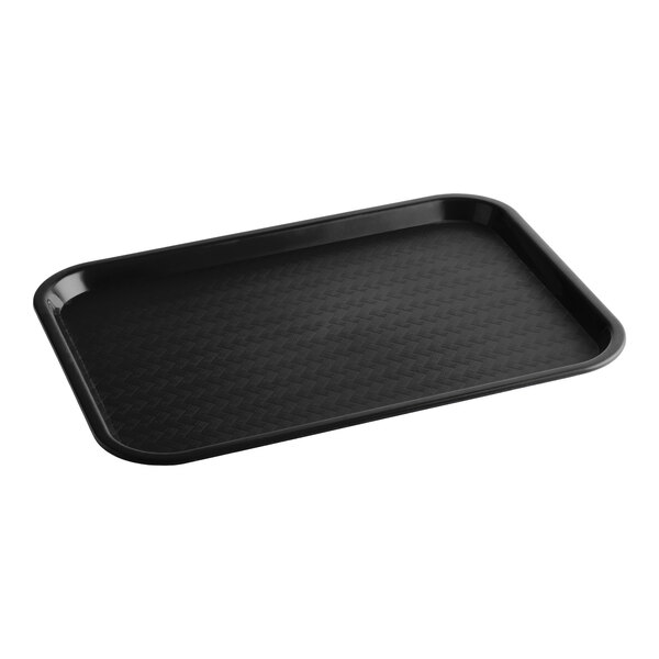 A rectangular black plastic fast food tray with slightly raised edges.