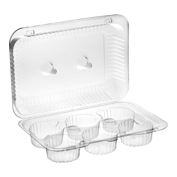 A clear plastic hinged container with six compartments and a medium dome lid for holding cupcakes or muffins.