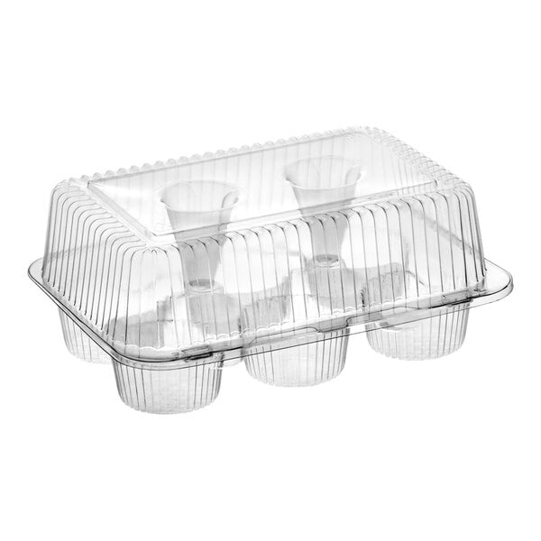 A clear plastic hinged container with six compartments and a high dome lid for holding cupcakes or muffins.