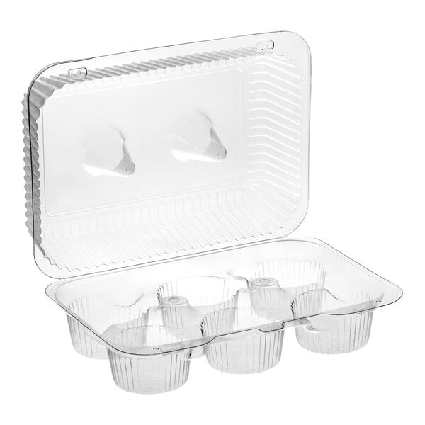 A clear plastic hinged container with six compartments and a high dome lid for holding cupcakes or muffins.
