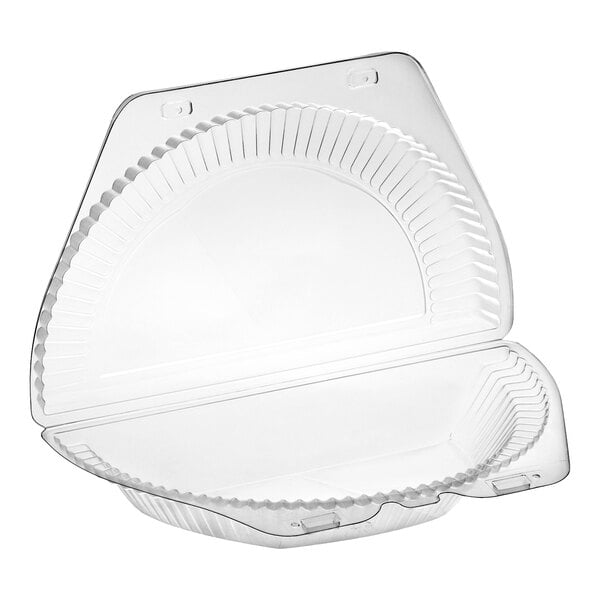 A clear plastic hinged half-pie container with a low dome lid.