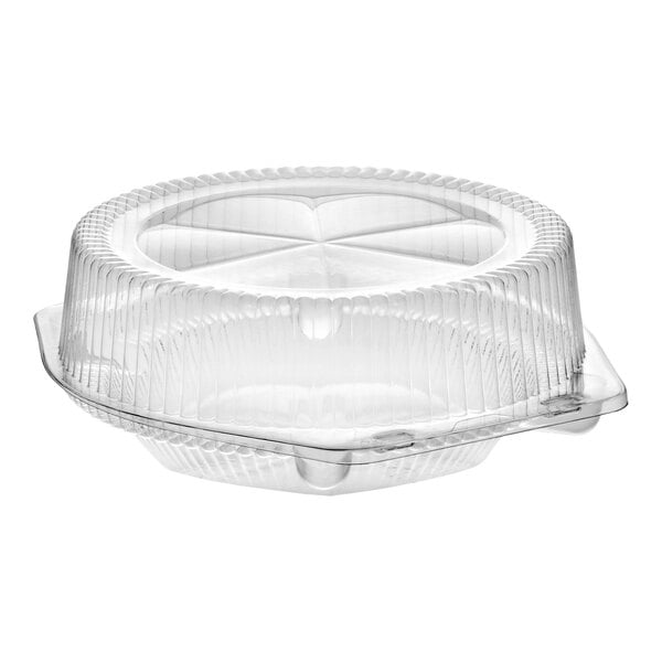 A clear plastic hinged pie container with a medium dome lid.
