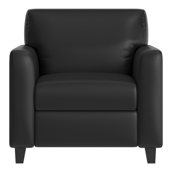 A black leather upholstered armchair with wooden feet and built-in charging bank.