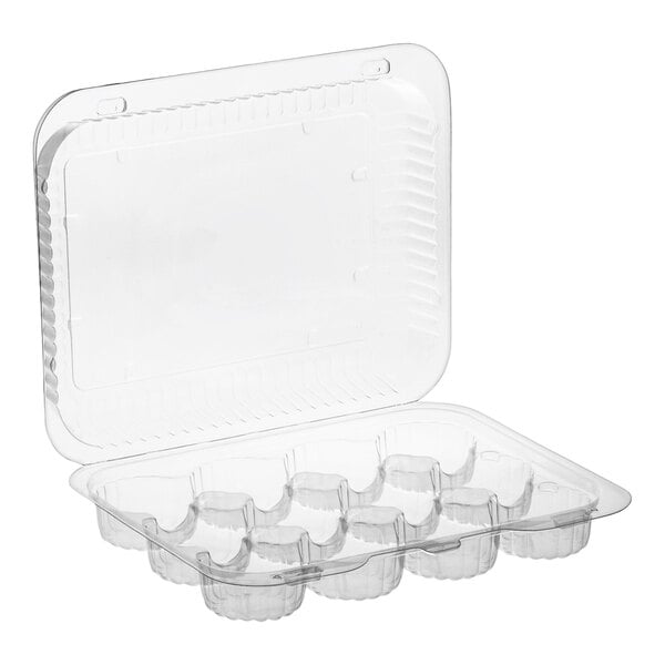 A clear plastic hinged container with twelve compartments and a high dome lid for holding mini cupcakes or muffins.