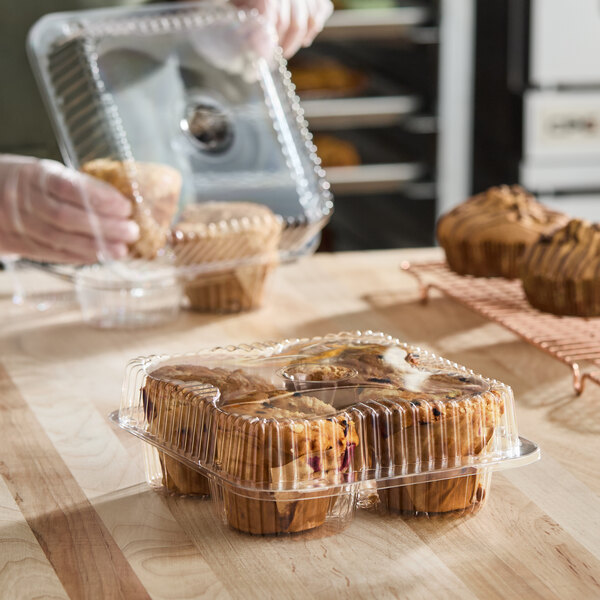 Inline Plastics SureLock 4-Compartment Clear Plastic Hinged Jumbo Cupcake / Muffin Container with Medium Dome Lid - 210/Case