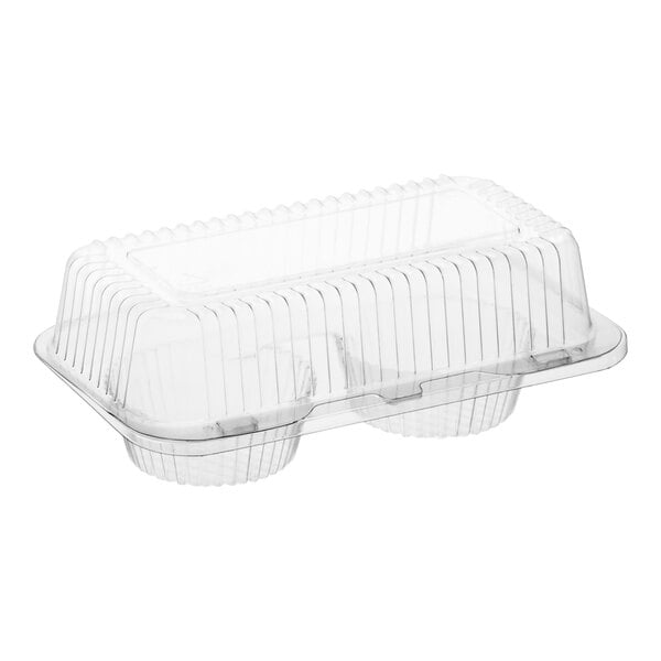 A clear plastic hinged container with two compartments and a high dome lid, designed for holding jumbo cupcakes or muffins.