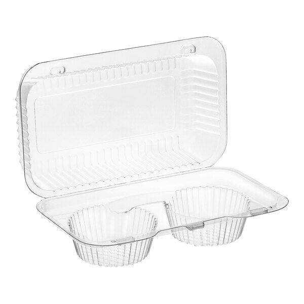 A clear plastic hinged container with two compartments and a high dome lid, designed for holding jumbo cupcakes or muffins.