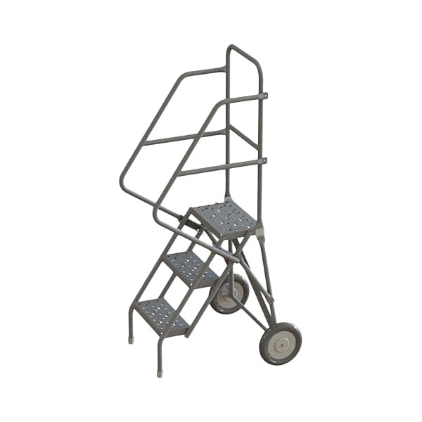 A three-step all-terrain rolling safety ladder with serrated tread and handrails.