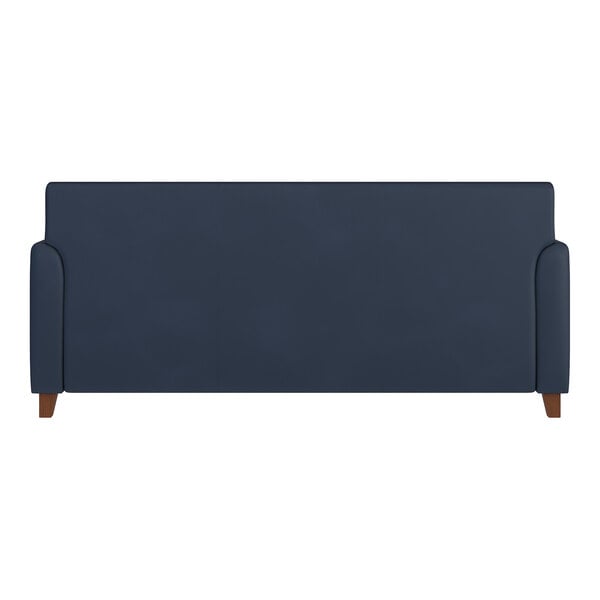A navy blue sofa with wooden feet and a smooth backrest.