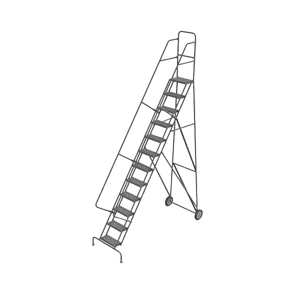 A 12-step all-terrain rolling safety ladder with serrated tread and a 450 lb. capacity.