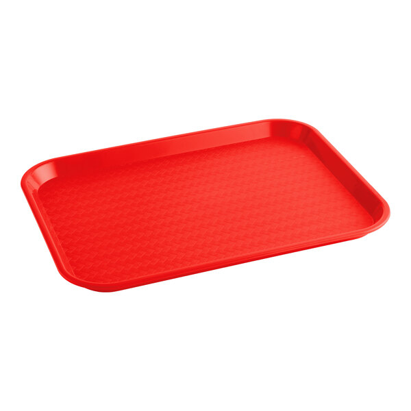 A rectangular red plastic fast food tray with raised edges.