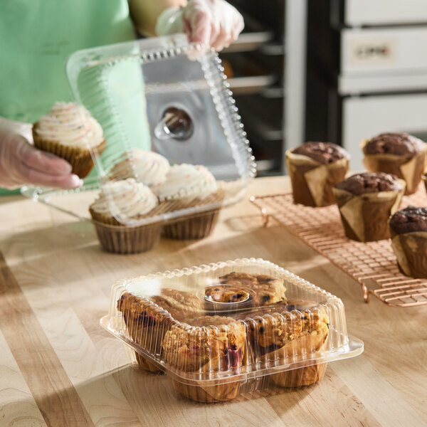 Inline Plastics SureLock 4-Compartment Clear Plastic Hinged Jumbo Cupcake / Muffin Container with Low Dome Lid - 300/Case