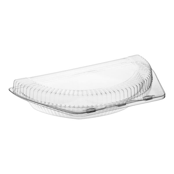 A clear plastic hinged half-pie container with a low dome lid.