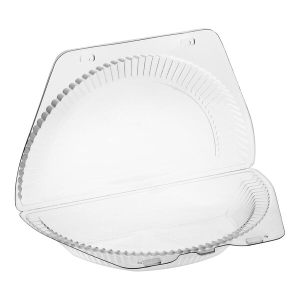 A clear plastic hinged half-pie container with a low dome lid.