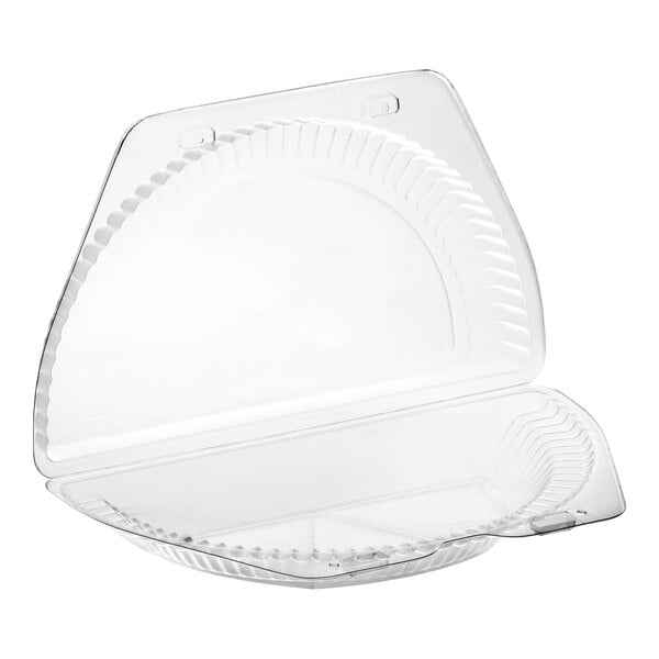 A clear plastic hinged half-pie container with a low dome lid.