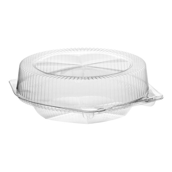 A clear plastic hinged pie container with a high dome lid.