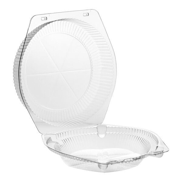 A clear plastic hinged pie container with a high dome lid.