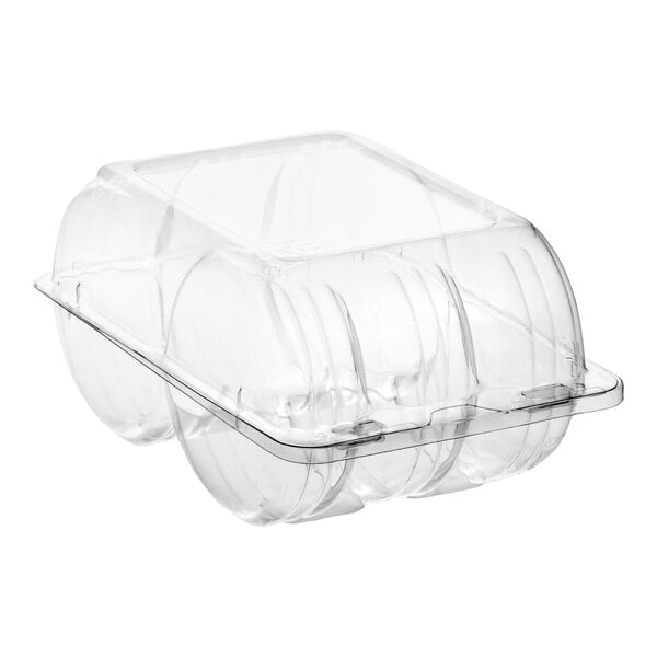 A clear plastic hinged container with six compartments for holding donuts.