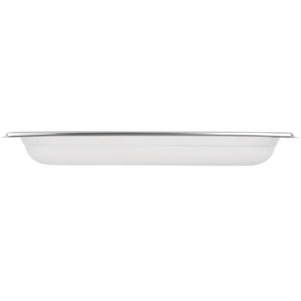A white rectangular tray with a silver rim.