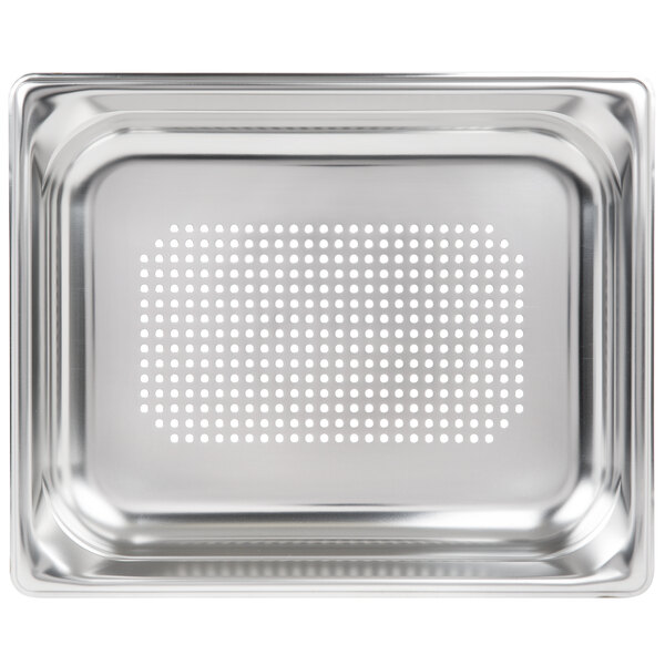 A Vollrath stainless steel 1/2 size steam table pan with holes in it.