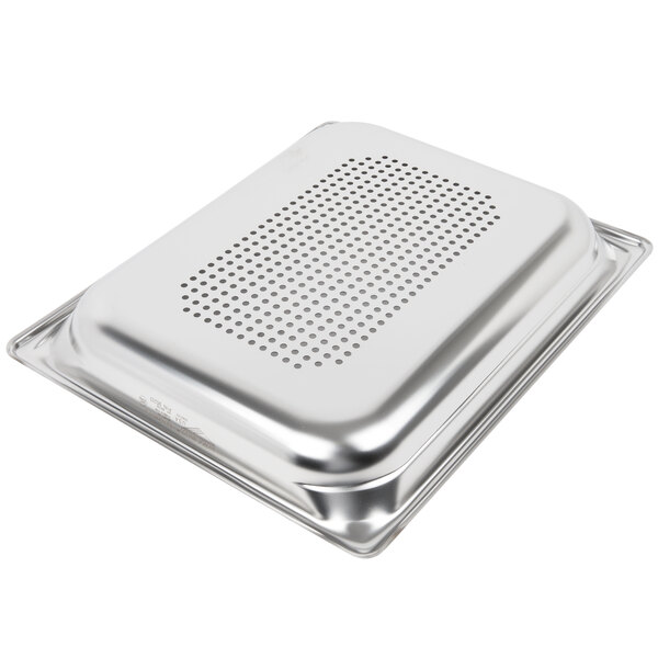 A silver stainless steel Vollrath hotel pan with holes in it.
