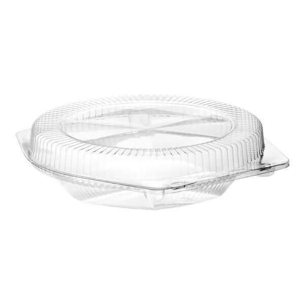 A clear plastic hinged pie container with a low dome lid.