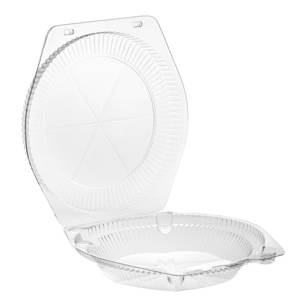 A clear plastic hinged pie container with a low dome lid.