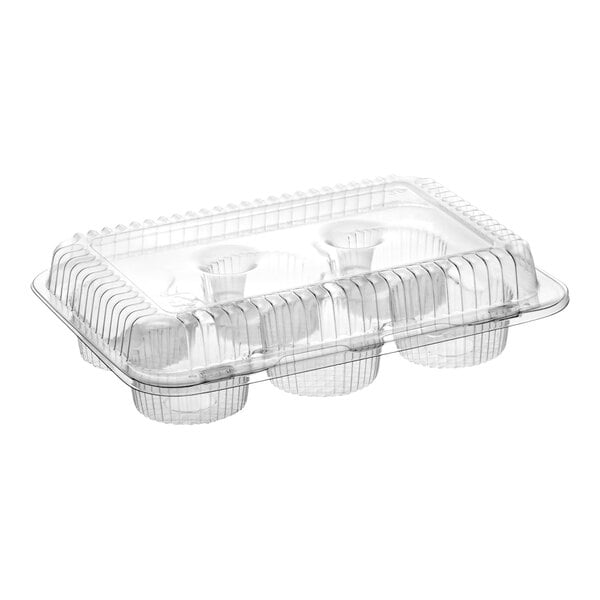 A clear plastic hinged container with six compartments and a low dome lid for holding cupcakes or muffins.