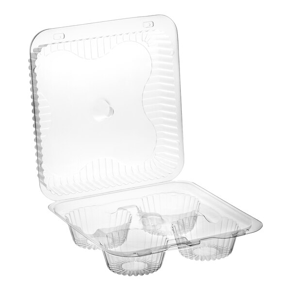 A clear plastic hinged container with four compartments and a medium dome lid, designed for holding jumbo cupcakes or muffins.