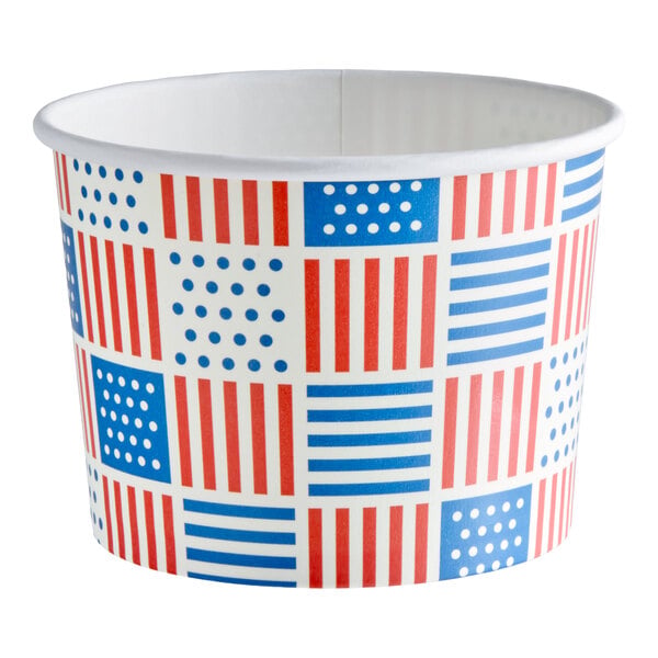 A 12 oz. paper food cup with a patriotic USA print featuring red and blue patterns.