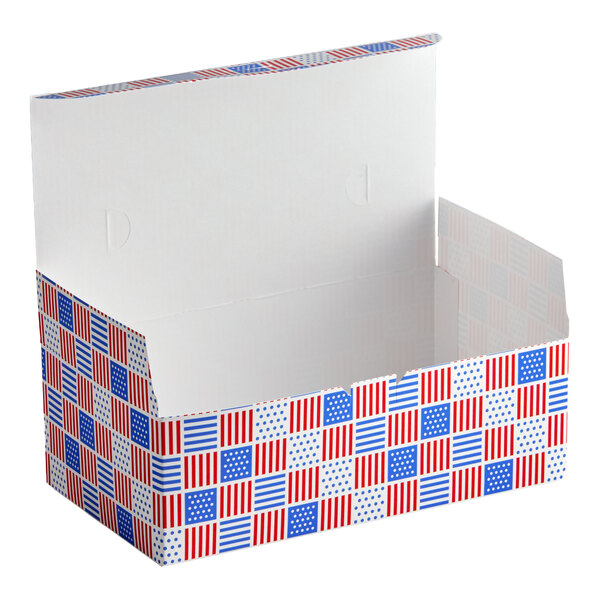 A rectangular take out lunch box with a patriotic USA print in red, white, and blue, featuring a tuck top lid.