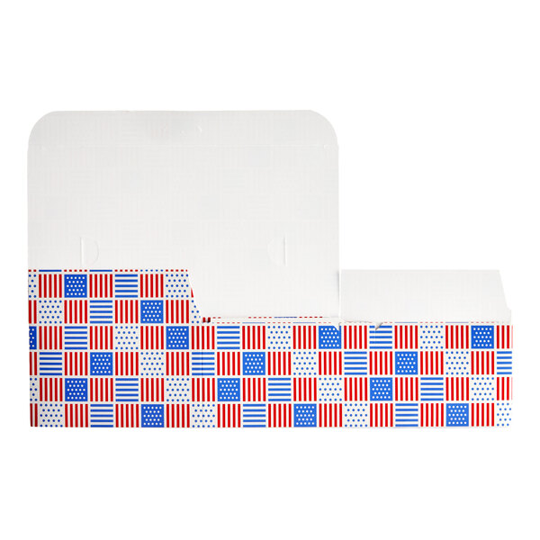 A rectangular take out lunch box with a patriotic USA print featuring red, white, and blue patterns, and a tuck top design.
