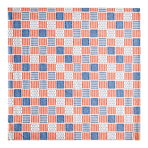 A square sheet of deli sandwich wrap paper featuring a red, white, and blue patriotic USA print with alternating flag-inspired patterns.