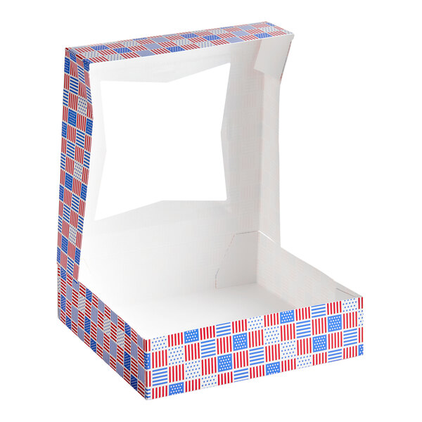 A square bakery box with a patriotic USA flag print and a clear window on the lid.