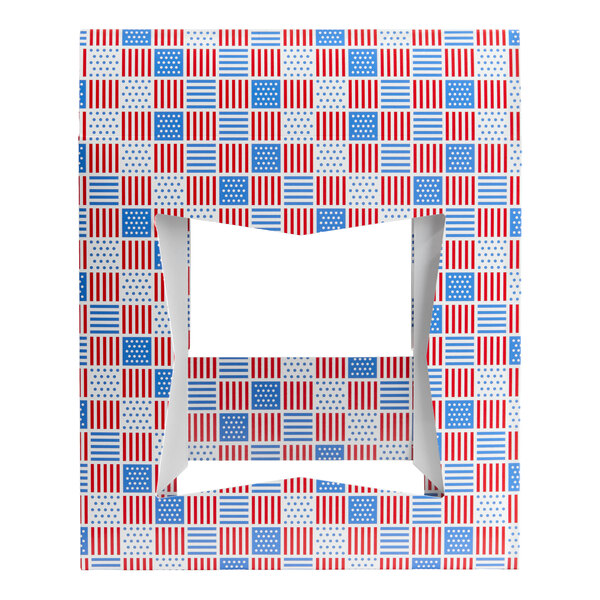 A square bakery box with a patriotic USA flag print and a window on the front.