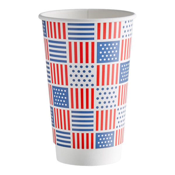 A 16 oz. double wall paper hot cup with a red, white, and blue patriotic print design.
