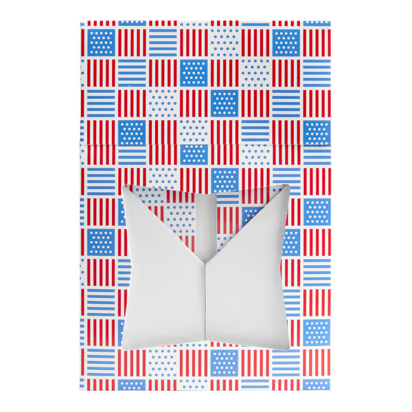 A rectangular bakery box with a patriotic red, white, and blue USA-themed print and a clear window on top.
