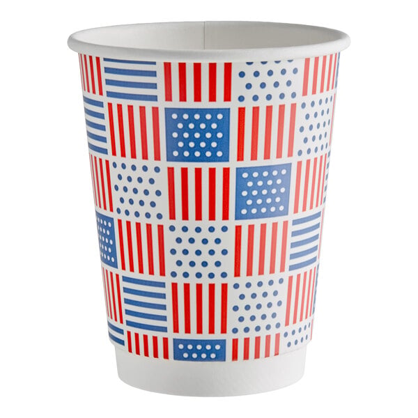 A 12 oz. double wall paper hot cup with a red, white, and blue patriotic print featuring stripes and dots.