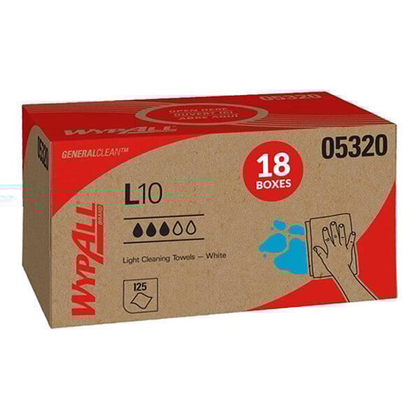 A box of WypAll L10 white light cleaning towels containing 18 boxes with 125 sheets per box.
