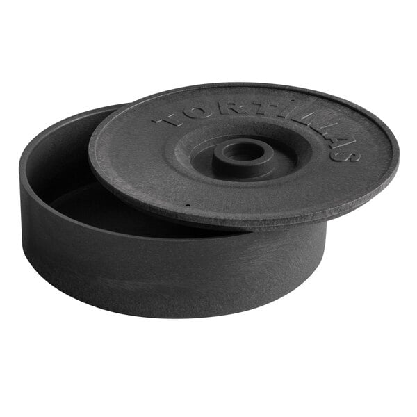 A gray tortilla warmer and server with a lid labeled 'TORTILLAS.'