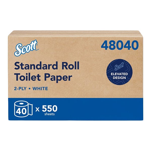 A box of Scott Professional 2-ply standard roll toilet paper containing 40 rolls, each with 550 sheets.
