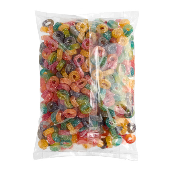 A clear plastic bag filled with assorted colorful sour gummy rings.